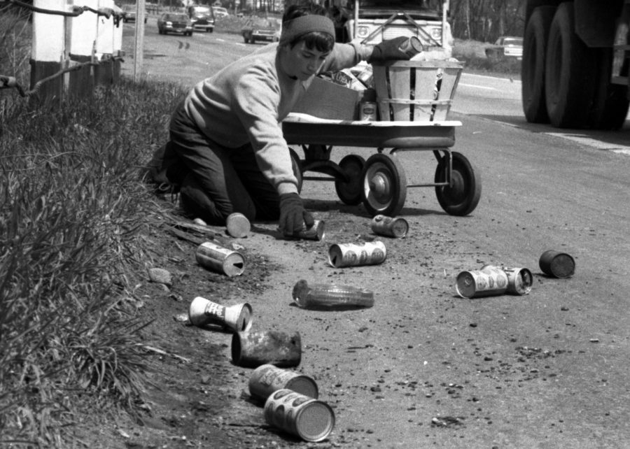 Earth Day, A little farther up, Route 17 is considered a beauty spot. In Hohokus, N.J., Terry Seuss, 14, hops on pop and beer cans. (Photo By: Jerry Kinstle/NY Daily News via Getty Images)